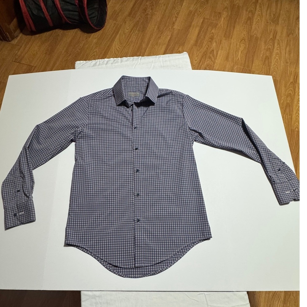 Perry Ellis Portfolio Tech Shirt Mens 15 32/33 Slim Fit Blue Plaid Button Down
